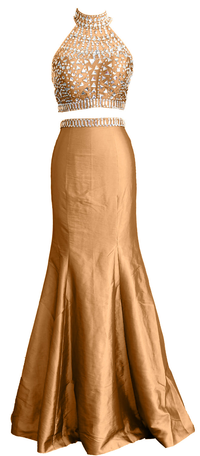 MACloth Damen Meerjungfrau Zweiteiliges Ballkleid mit hohem Halsausschnitt aus Taft, lang, formelles Kleid