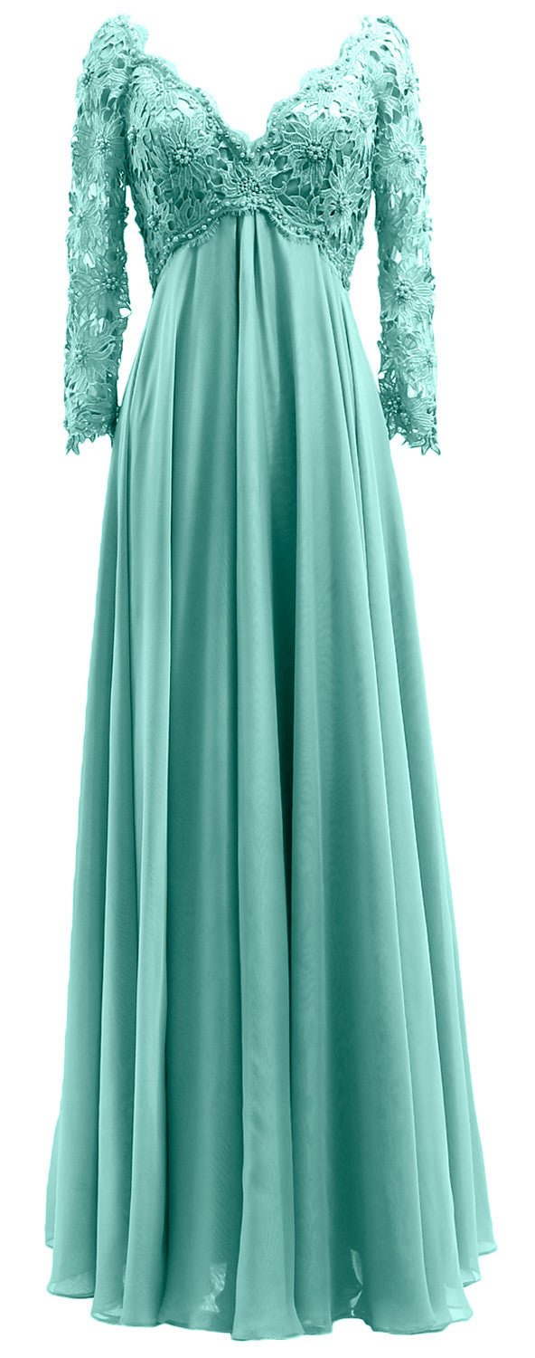 MACloth Damen Abendkleid für die Brautmutter, V-Ausschnitt, Spitze, lange Ärmel