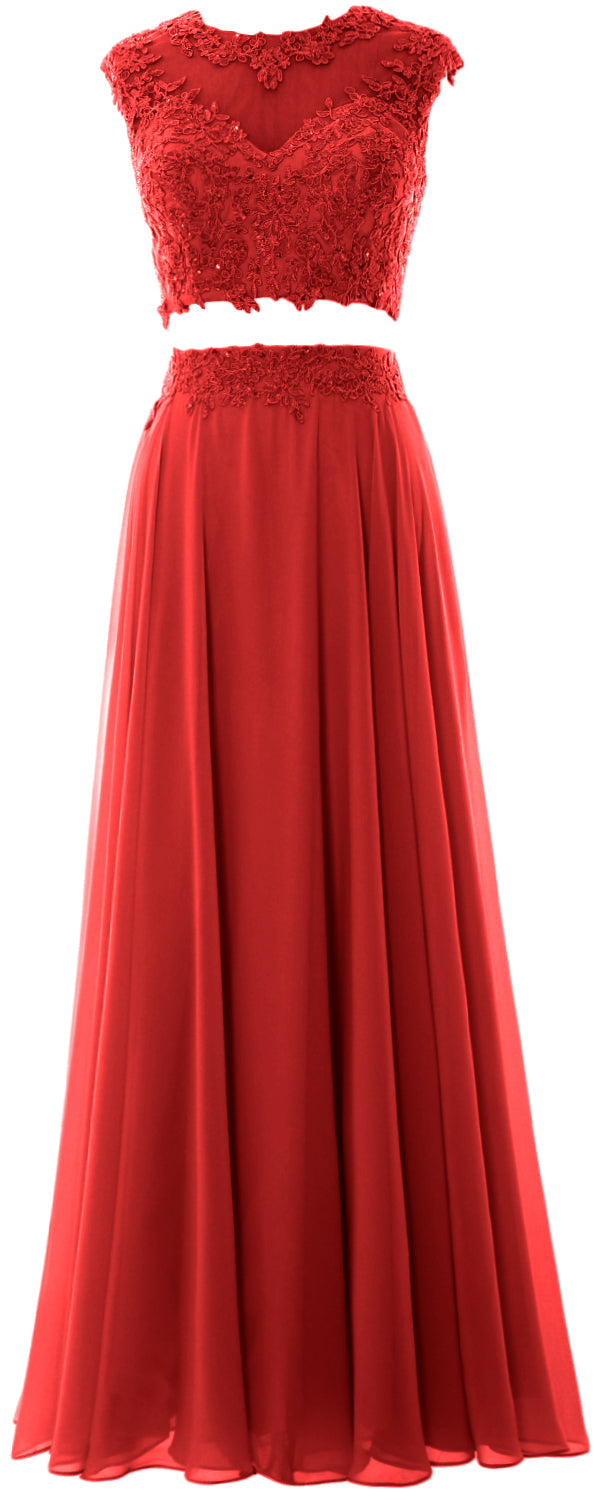 MACloth Vestido largo de fiesta de 2 piezas para mujer, de gasa con encaje, vestido formal de noche para fiesta