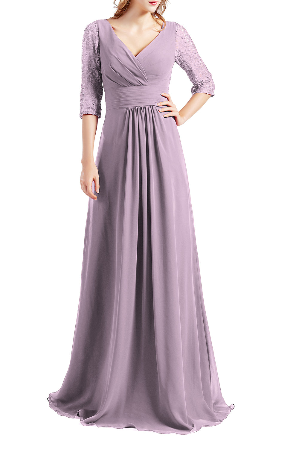 MACloth Damen-Kleid, Halbarm, V-Ausschnitt, Spitze, lang, für Hochzeit, Party, Brautjungfer, Mutter