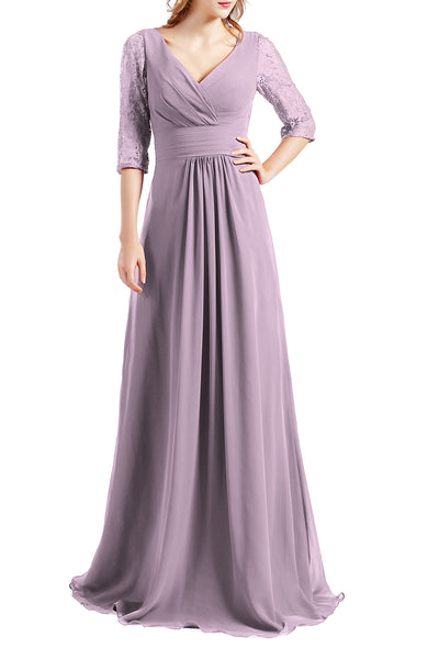 MACloth Women Half Sleeve V Neck Lace Long Wedding Party Bridesmaid Mother Dress