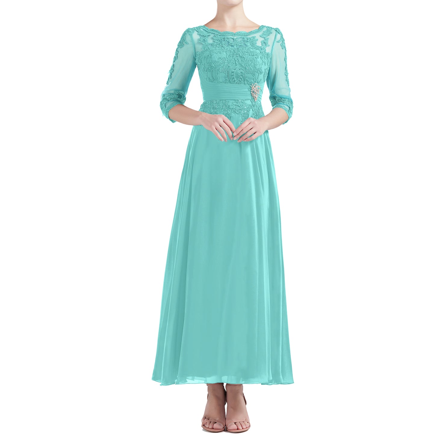 Macloth Women Tea Length 3/4 Sleeve Boat Neck Mother Bride Dresses Bridal Party Turquoise / Standard Size