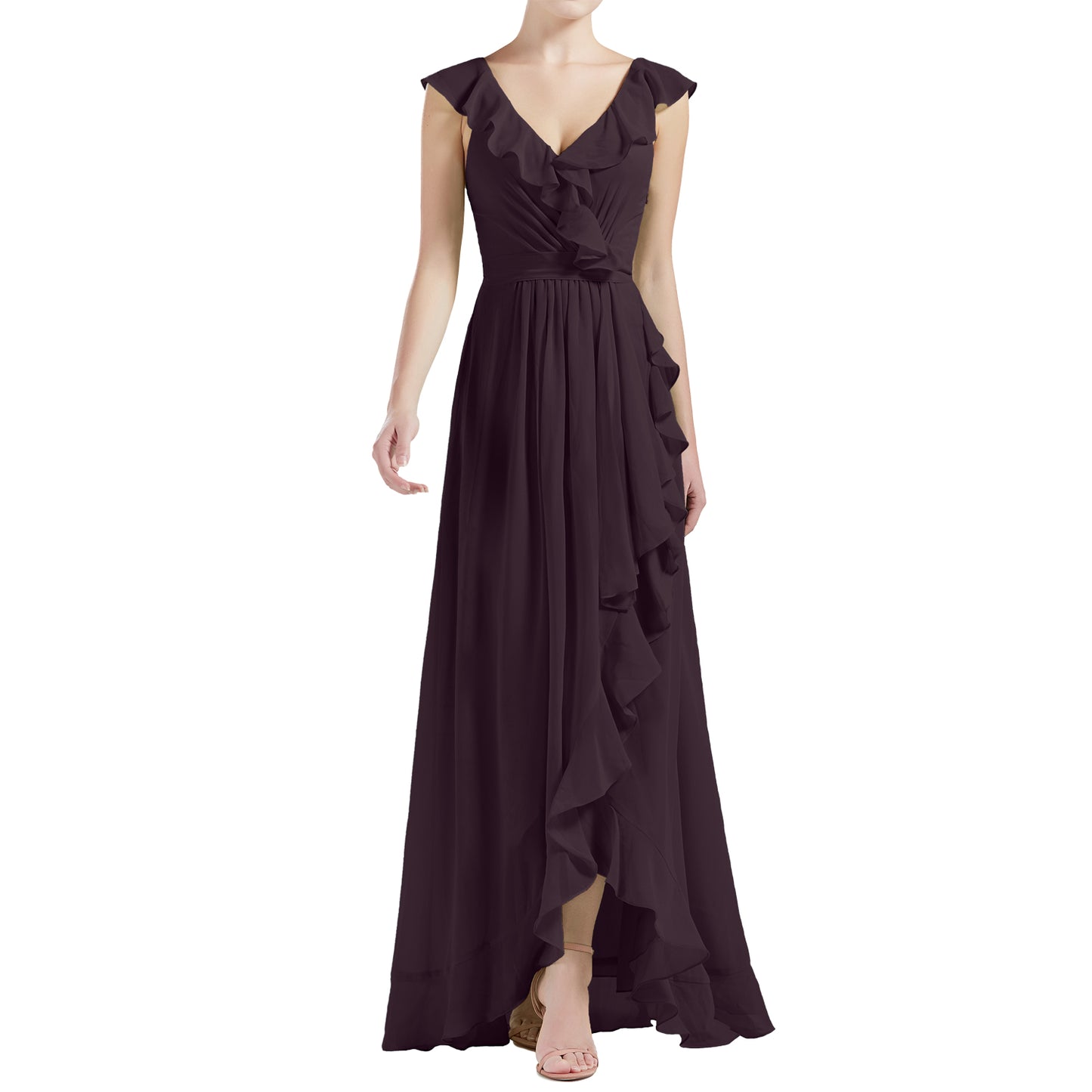 MACloth Women V Neck Ruffle Cap Sleeve Hi-Lo Long Wedding Bridesmaid Dresses