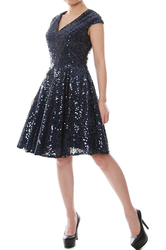 MACloth Women Cap Sleeve Party Formal Gown V Neck Sequin Short Bridesmaid Dress