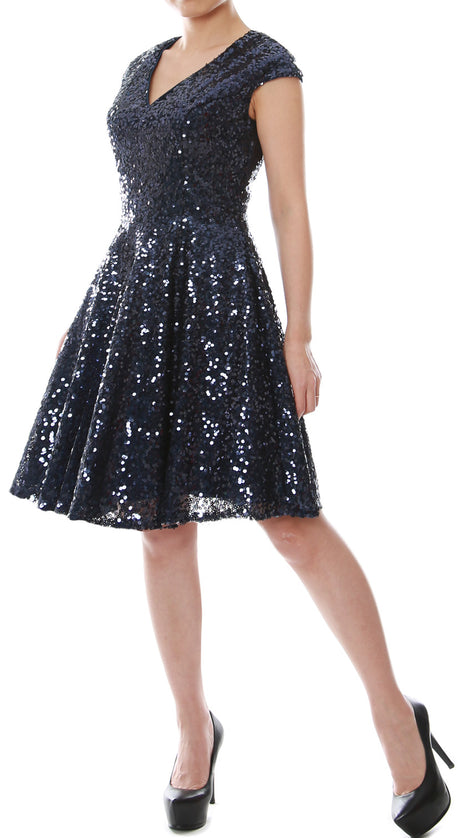 MACloth Women Cap Sleeve Party Formal Gown V Neck Sequin Short Bridesmaid Dress