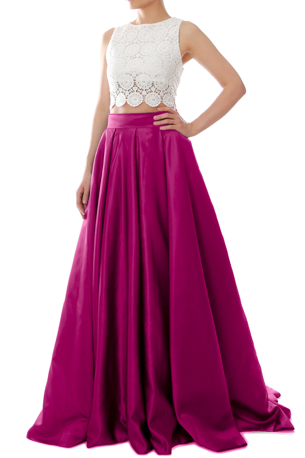 MACloth Women Two Piece O Neck Lace Long Prom Homecoming Dress Evening Ball Gown