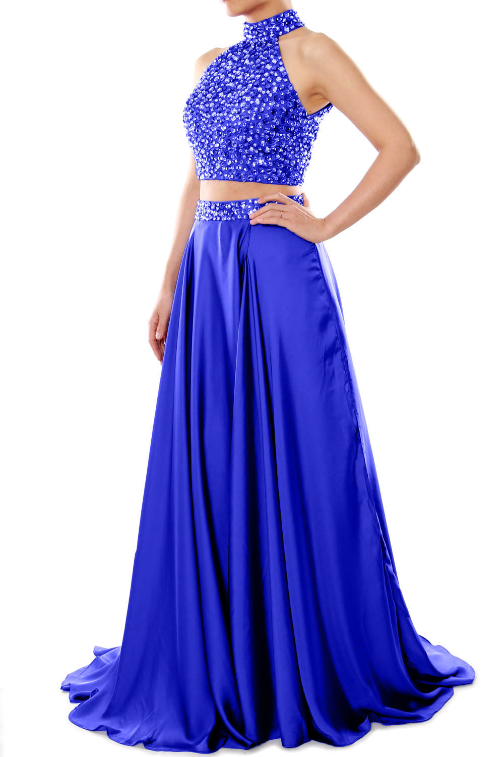 MACloth Women Two Piece Prom Dress High Neck Chiffon Long Formal Evening Gown Royal Blue / Above Knee / Custom Size MACloth Women Two Piece Prom Dress High Neck Chiffon Long Formal Evening Gown Royal Blue / Above Knee / Custom Size
