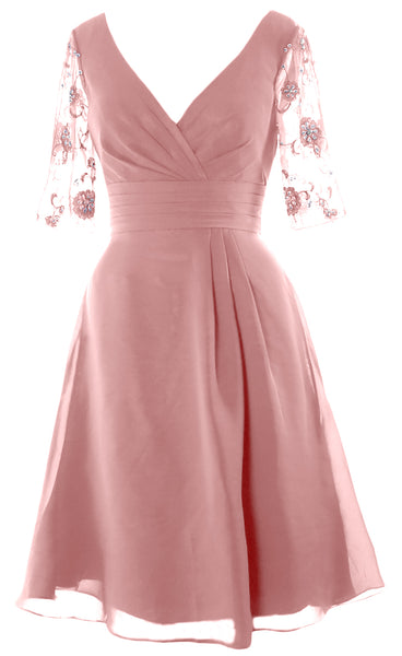 MACloth Mother of Bride Short Dresses Half Sleeves V Neck Cocktail