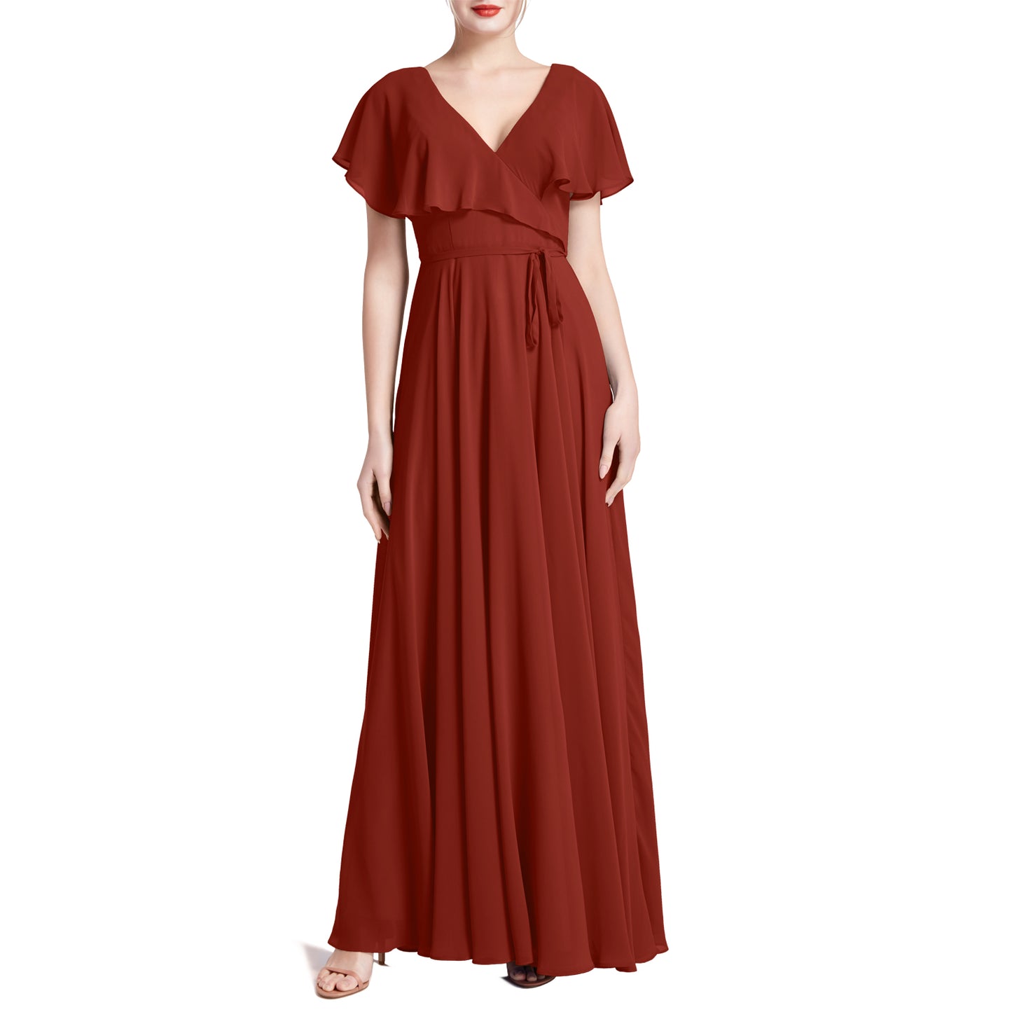 MACloth Women V Neck Ruffle BatWing Short Sleeve Maxi Wedding Bridesmaid Dresses