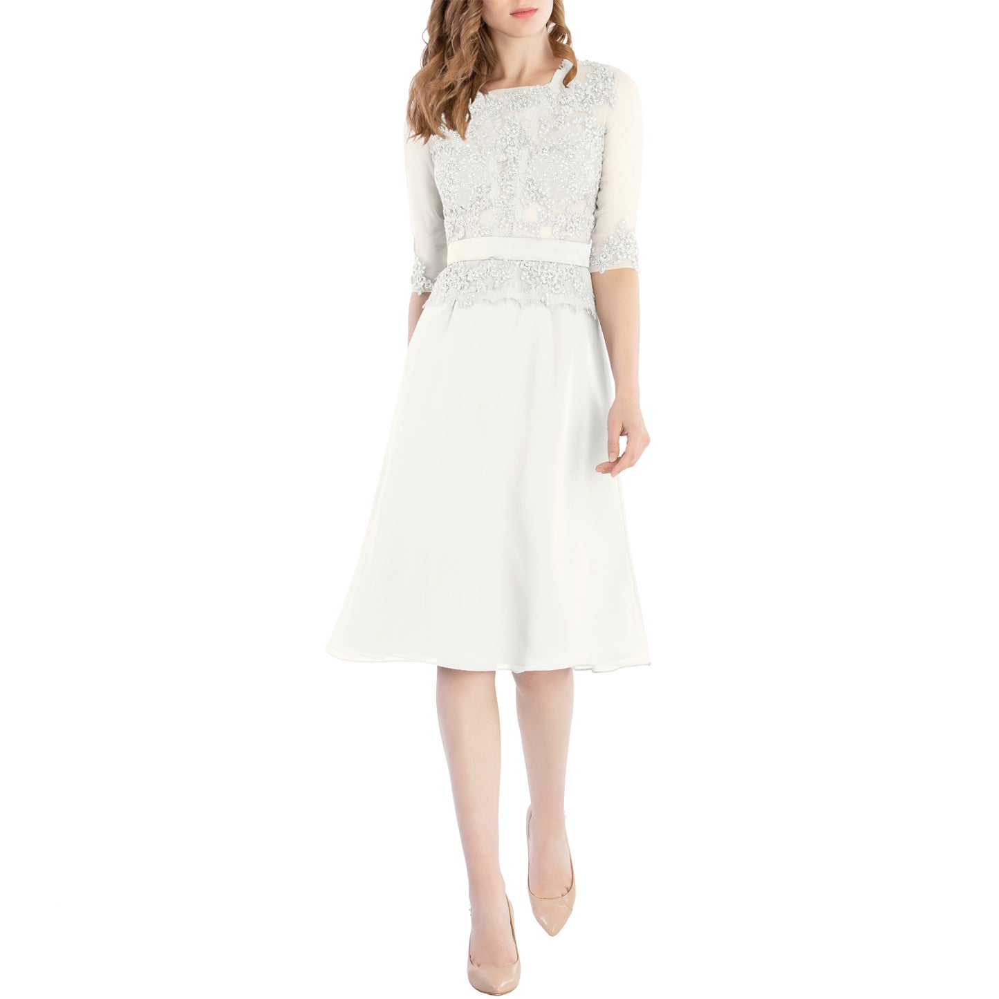 MACloth Damen-Kleid mit Rundhalsausschnitt, Perlenspitze, kurze Halbärmel, für die Brautmutter, Hochzeit, Brautparty