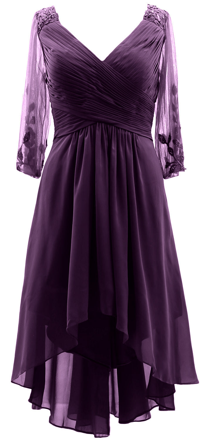 MACloth Damen Abendkleid mit V-Ausschnitt, High Low, für die Brautmutter, mit Ärmeln