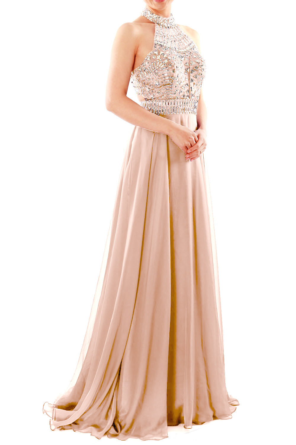 MACloth Damen Neckholder-Kleid mit hohem Halsausschnitt, ärmellos, lang, Ballkleid, Partykleid, Abendkleid