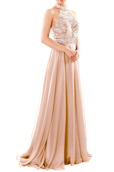MACloth Women Halter High Neck Sleeveless Long Prom Party Dress Evening Gown