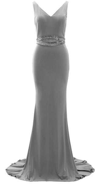 MACloth Women Straps V Neck Jersey Formal Evening Gown Beaded Long Prom Dress