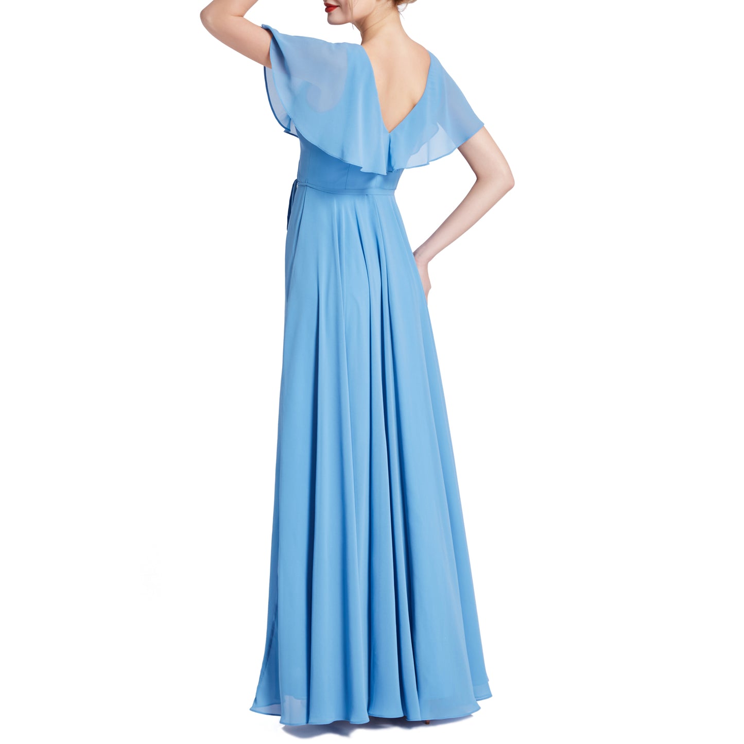 MACloth Women V Neck Ruffle BatWing Short Sleeve Maxi Wedding Bridesmaid Dresses