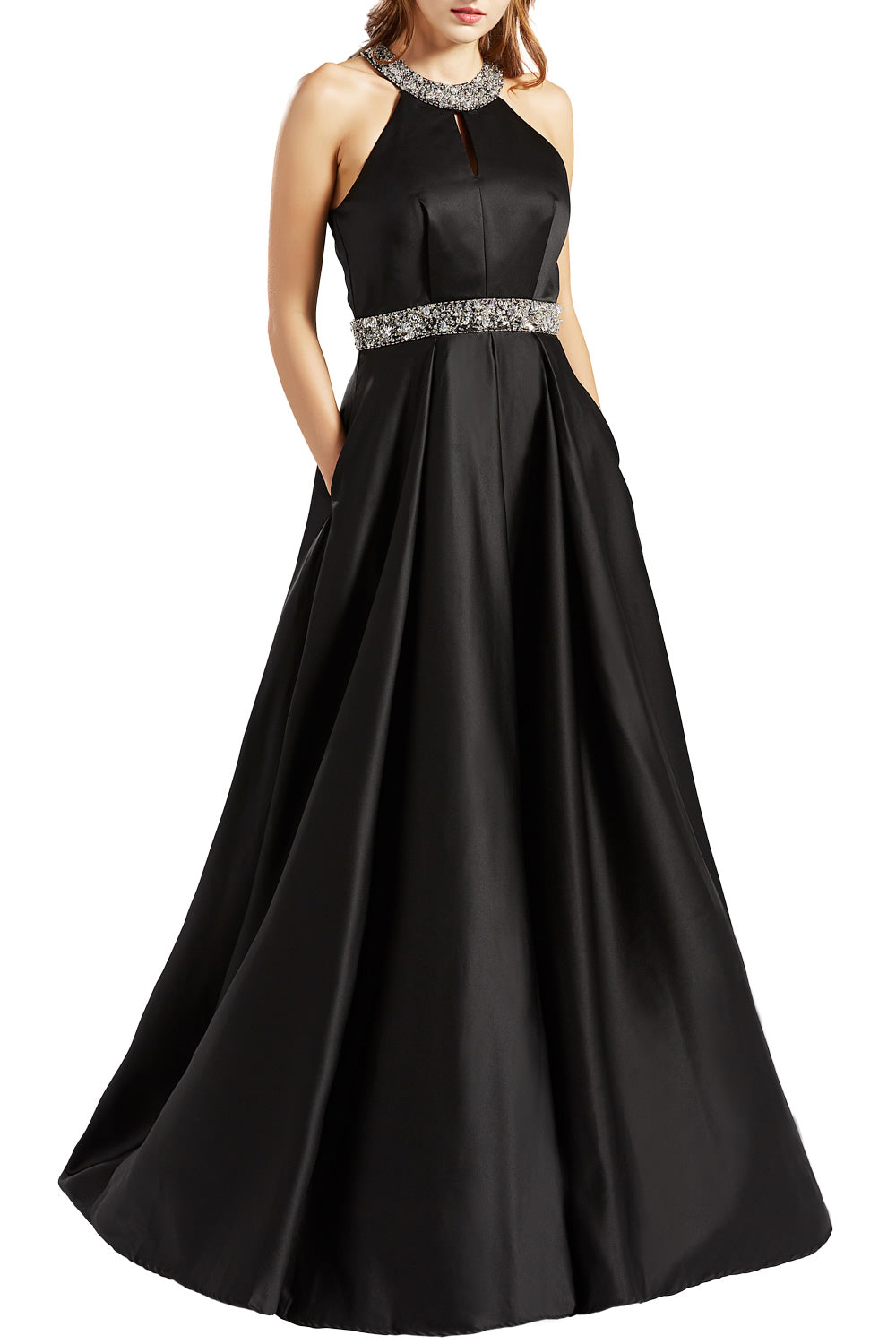MACloth Women Satin Prom Dresses with Pockets Halter Long Formal Evening Gown