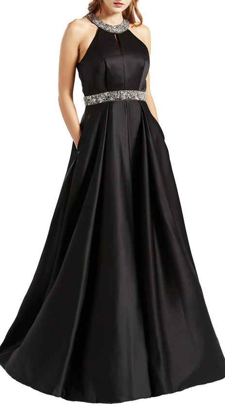 MACloth Women Satin Prom Dresses with Pockets Halter Long Formal Evening Gown
