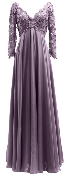 MACloth Women Mother of Bride Dresses V Neck Lace Long Sleeves Evening Gown