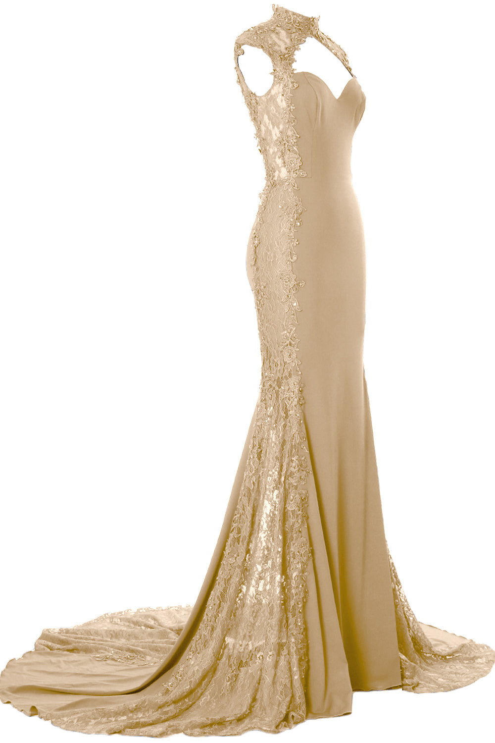 MACloth Women Prom Dresses Mermaid High Neck Sleeveless Lace Formal Evening Gown