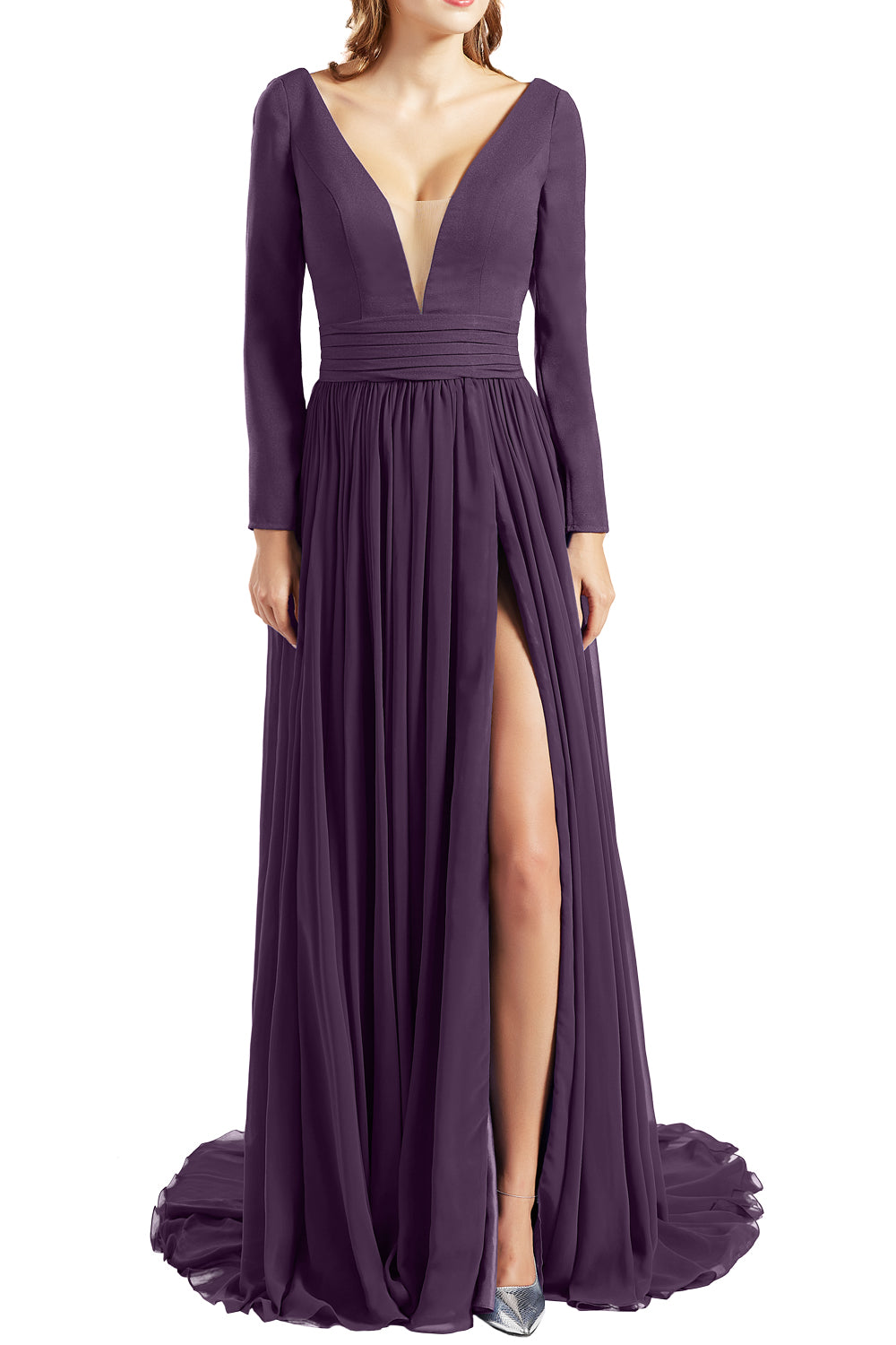 MACloth Women Plunging V Neck Long Sleeves Prom Dresses formal Evening Gown Slit