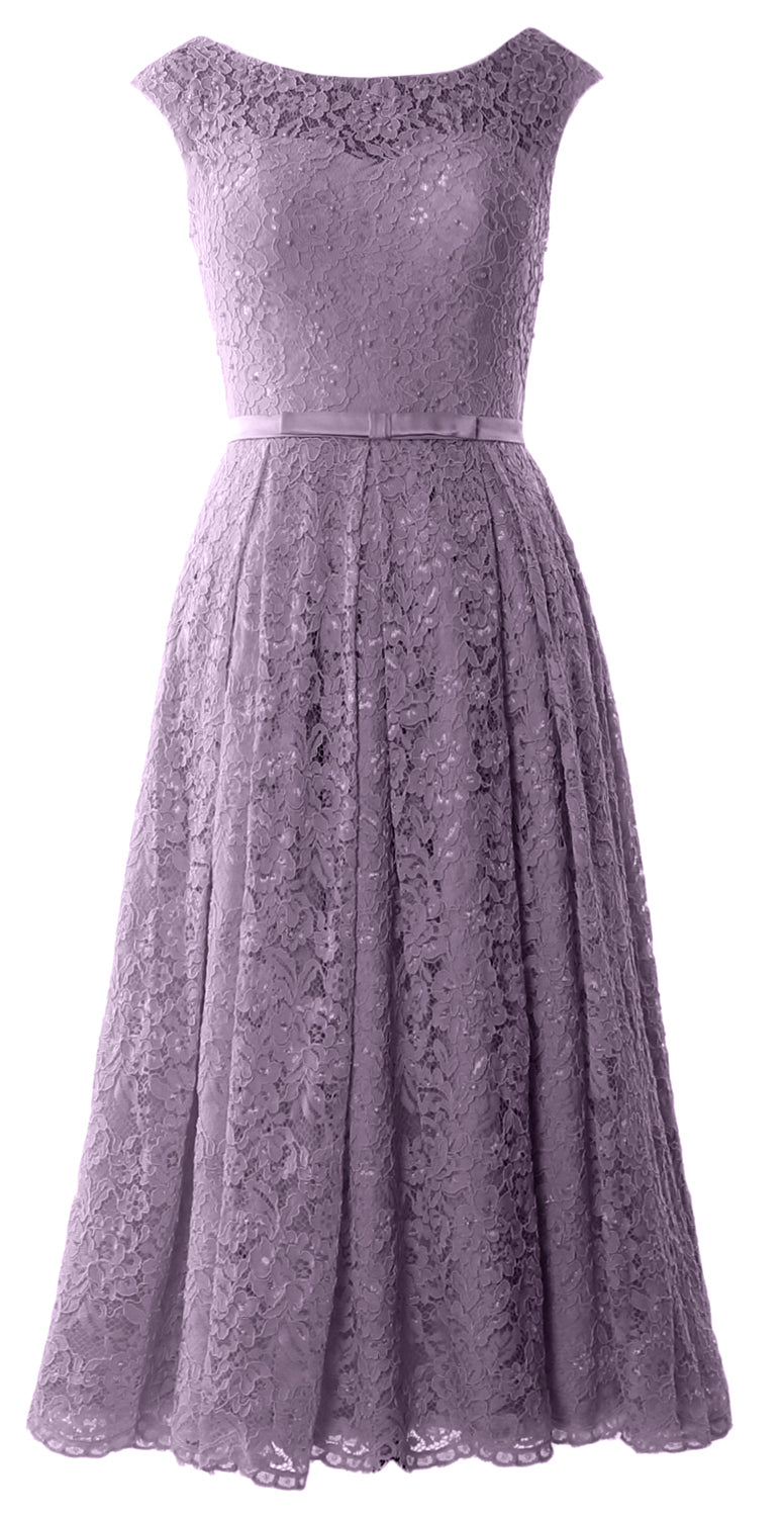MACloth Women Tea Length Mother Bride Gown Dresses Cap Sleeve Lace Midi Corset