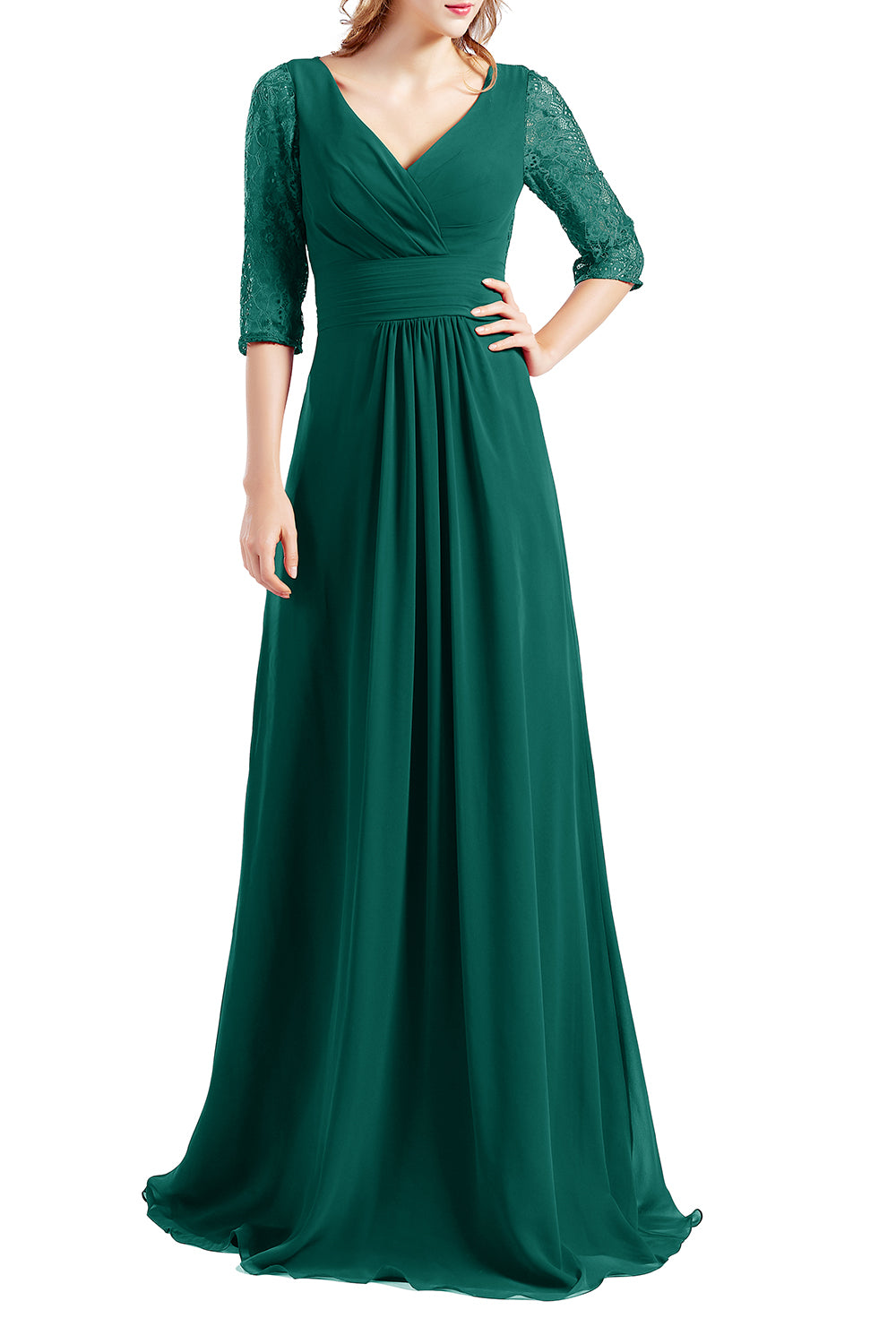 MACloth Damen-Kleid, Halbarm, V-Ausschnitt, Spitze, lang, für Hochzeit, Party, Brautjungfer, Mutter