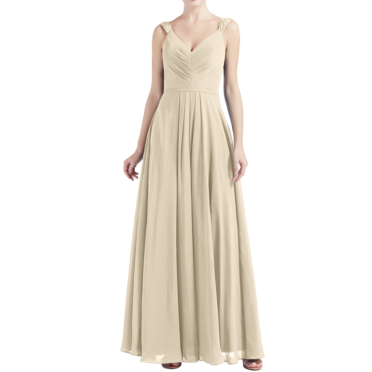 MACloth Women V Neck Lace Chiffon A Line Maxi Wedding Party Bridesmaid Dresses