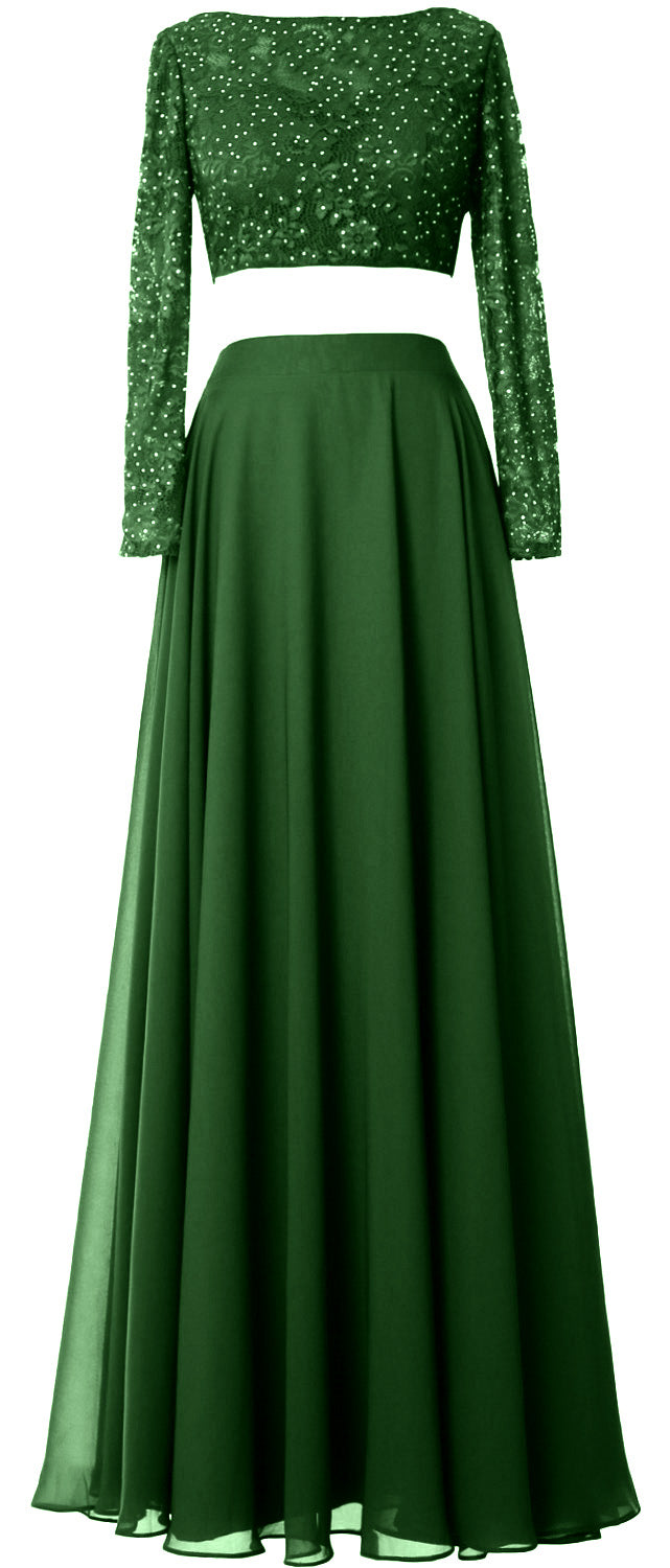 MACloth Damen Abendkleid aus Spitze und Chiffon, 2-teilig, lange Ärmel, Ballkleid