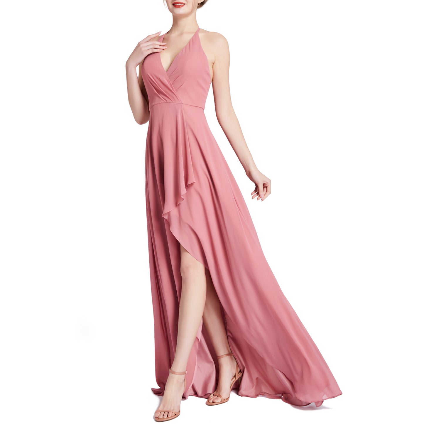 MACloth Women V Neck Halter Hi Lo Long Wedding Party Bridesmaid Dresses