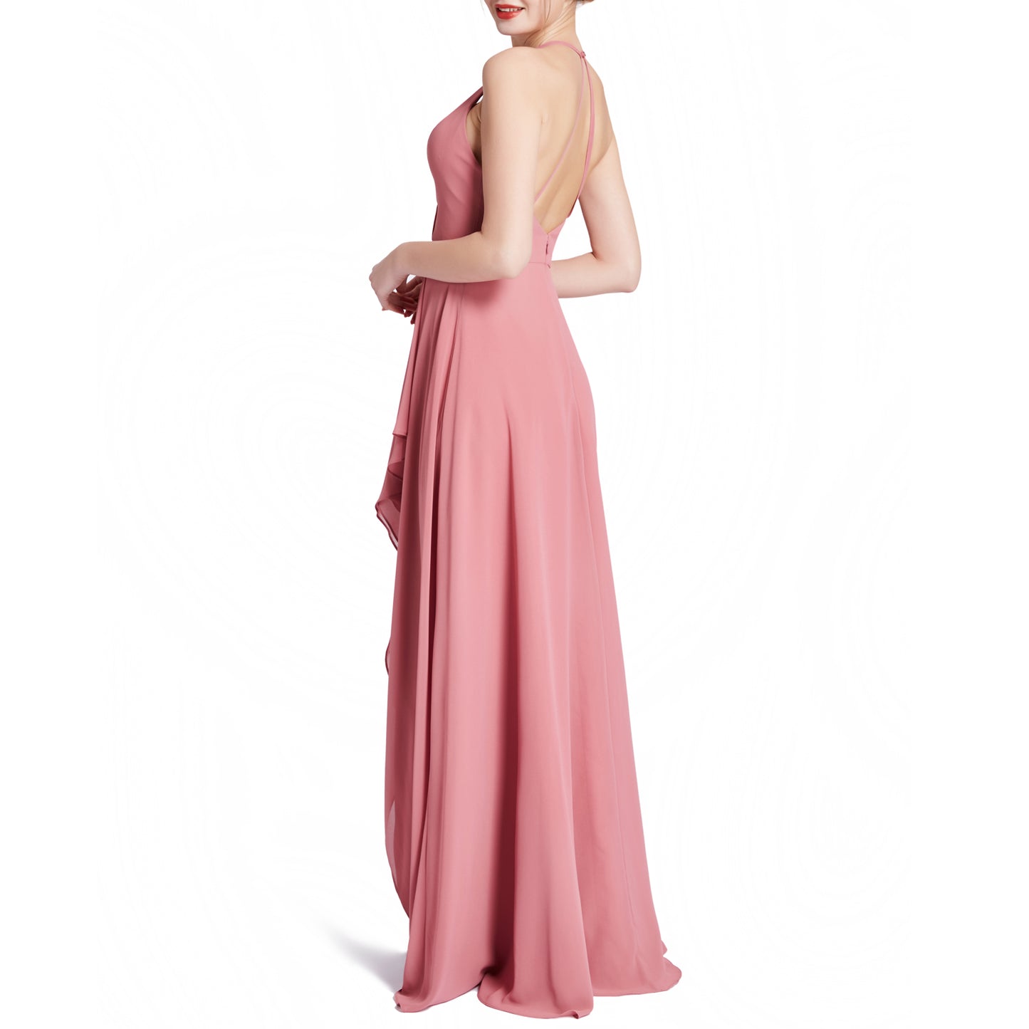 MACloth Women V Neck Halter Hi Lo Long Wedding Party Bridesmaid Dresses