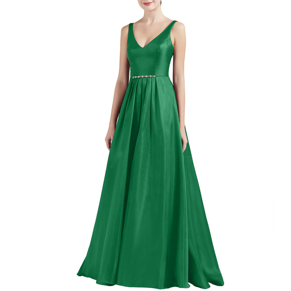 MACloth Women A Line V Neck Long Satin Prom Party Dresses Wedding Ball Gown