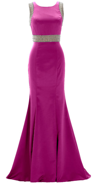 MACloth Women Boat Neck with Beaded Formal Evening Gown Sheath Satin Prom Dress