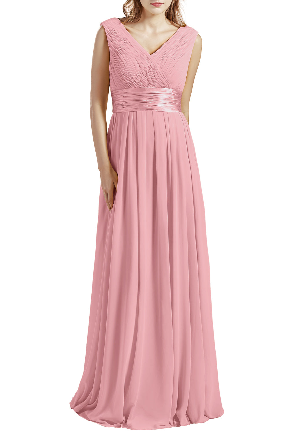 MACloth Damen Langes V-Ausschnitt Chiffon Brautjungfernkleid mit Rüschen BD