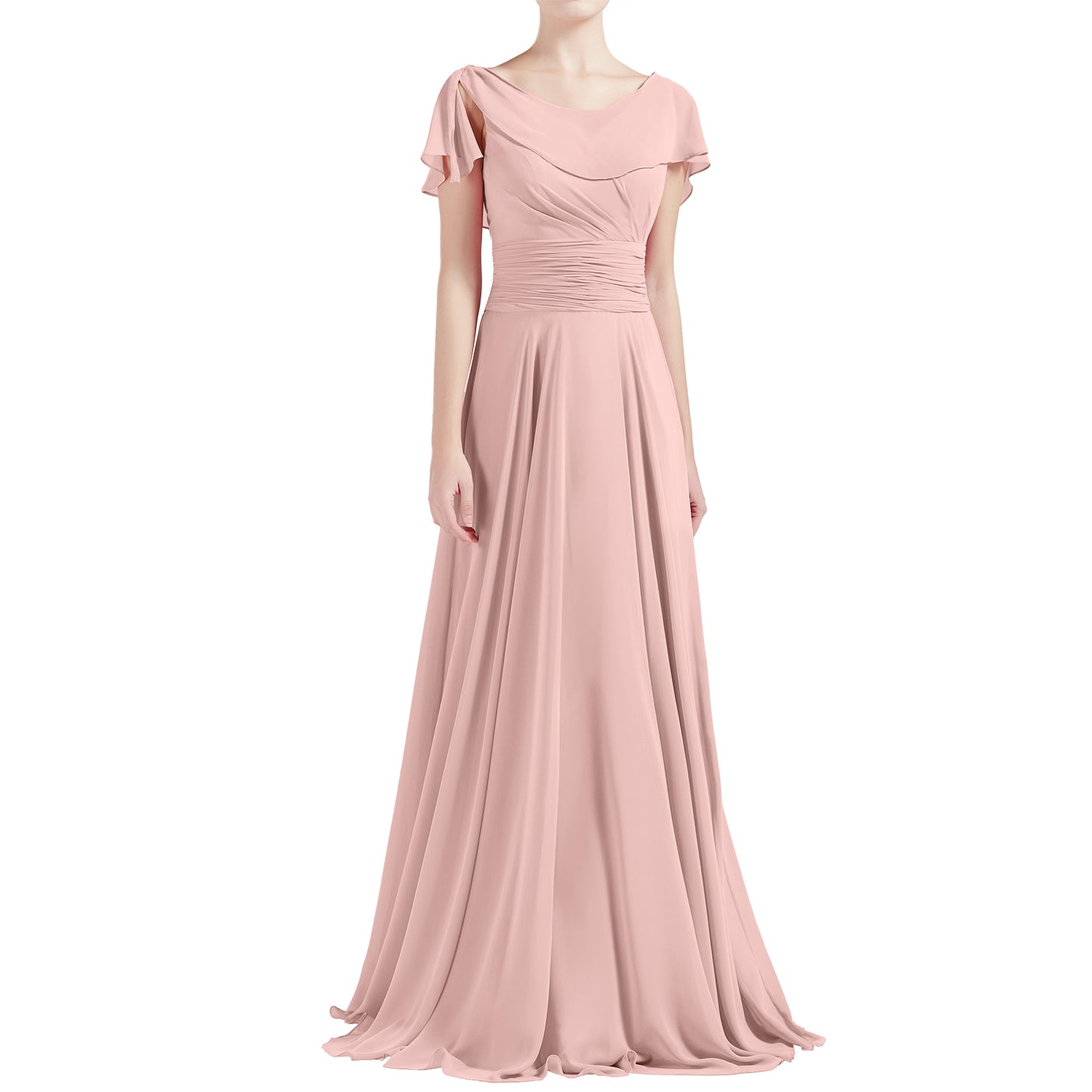 MACloth Damen O-Ausschnitt Rüschen Kurze Ärmel A-Linie Maxikleid Hochzeit Brautjungfernkleid