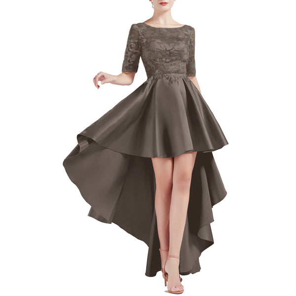 MACloth Women Scoop Neckline Half Sleeve High Low Lace Satin Prom Party Homecoming Dresses