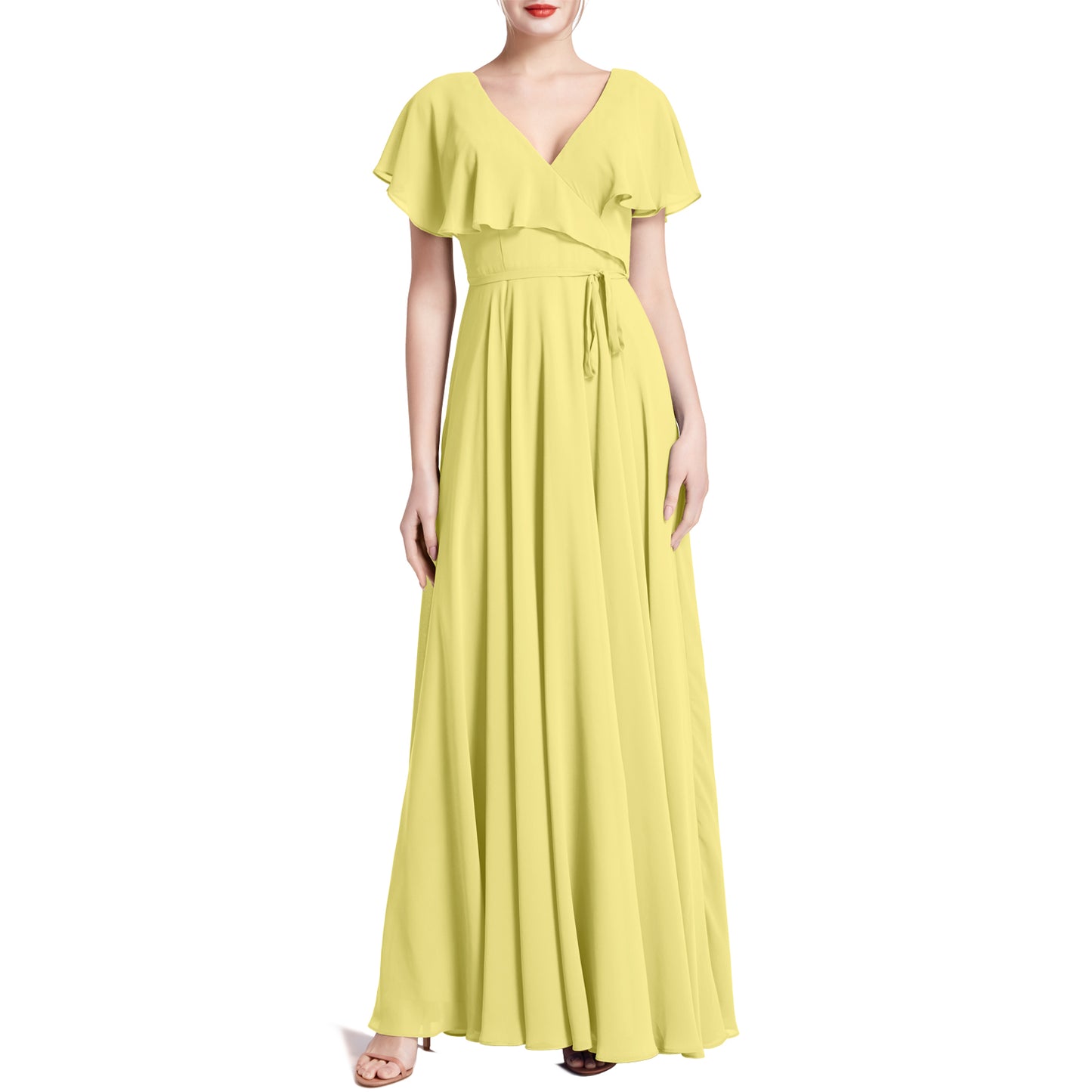 MACloth Women V Neck Ruffle BatWing Short Sleeve Maxi Wedding Bridesmaid Dresses