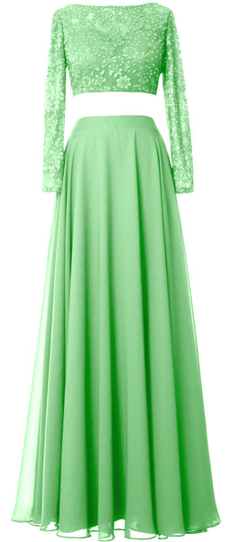MACloth Women Lace Chiffon Formal Evening Gown 2 Piece Long Sleeves Prom Dresses