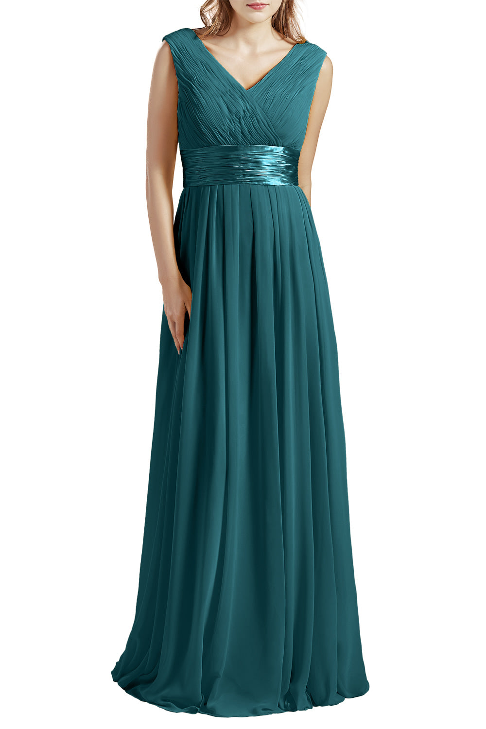 MACloth Damen Langes V-Ausschnitt Chiffon Brautjungfernkleid mit Rüschen BD