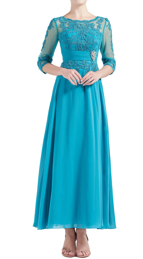 MACloth Women Tea Length 3/4 Sleeve Boat Neck Mother Bride Dresses Bridal Party