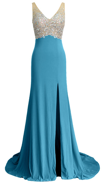 MACloth Elegant Mermaid V Neck Long Prom Dress Jersey Formal Party Evening Gown