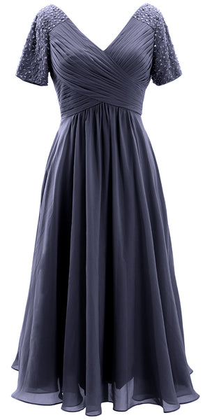 MACloth Women Midi Mother Bride Dresses Short Sleeves Wedding Guest Tea Length