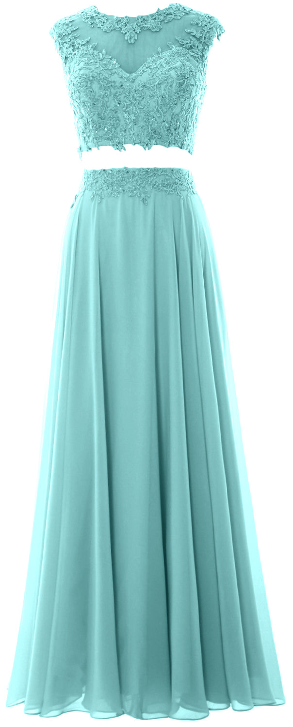 MACloth Vestido largo de fiesta de 2 piezas para mujer, de gasa con encaje, vestido formal de noche para fiesta