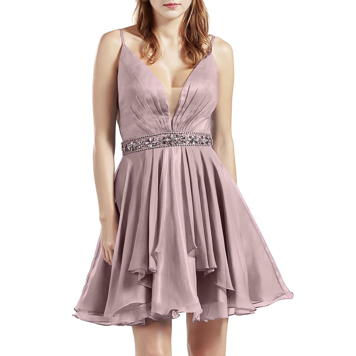 MACloth Women Short V Neck Beading Chiffon Cute Prom Homecoming Dresses Cocktail