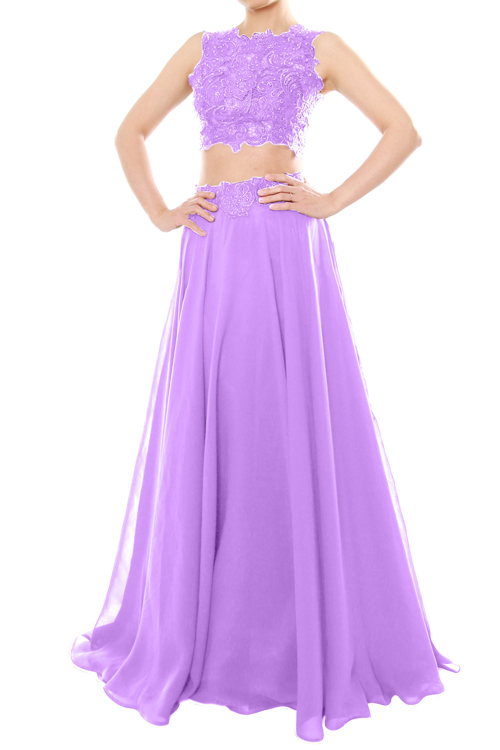 MACloth Vestido largo de gasa con encaje y cuello alto de dos piezas para mujer, vestido de fiesta formal para graduación