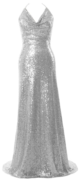 MACloth Women Halter Long Sequin Bridesmaid Dresses Party Evening Gown Maxi