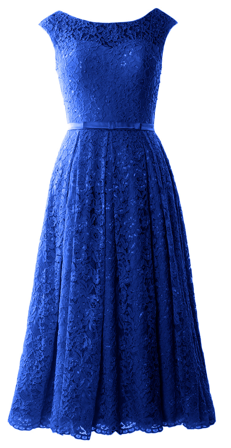 MACloth Women Tea Length Mother Bride Gown Dresses Cap Sleeve Lace Midi Corset
