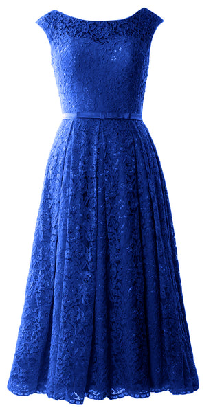 MACloth Women Tea Length Mother Bride Gown Dresses Cap Sleeve Lace Midi Corset