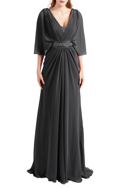 MACloth Women Elegant Long V Neck Mother of Bride Dresses Evening Gown Sleeves
