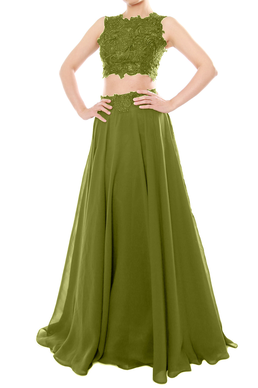 MACloth Vestido largo de gasa con encaje y cuello alto de dos piezas para mujer, vestido de fiesta formal para graduación