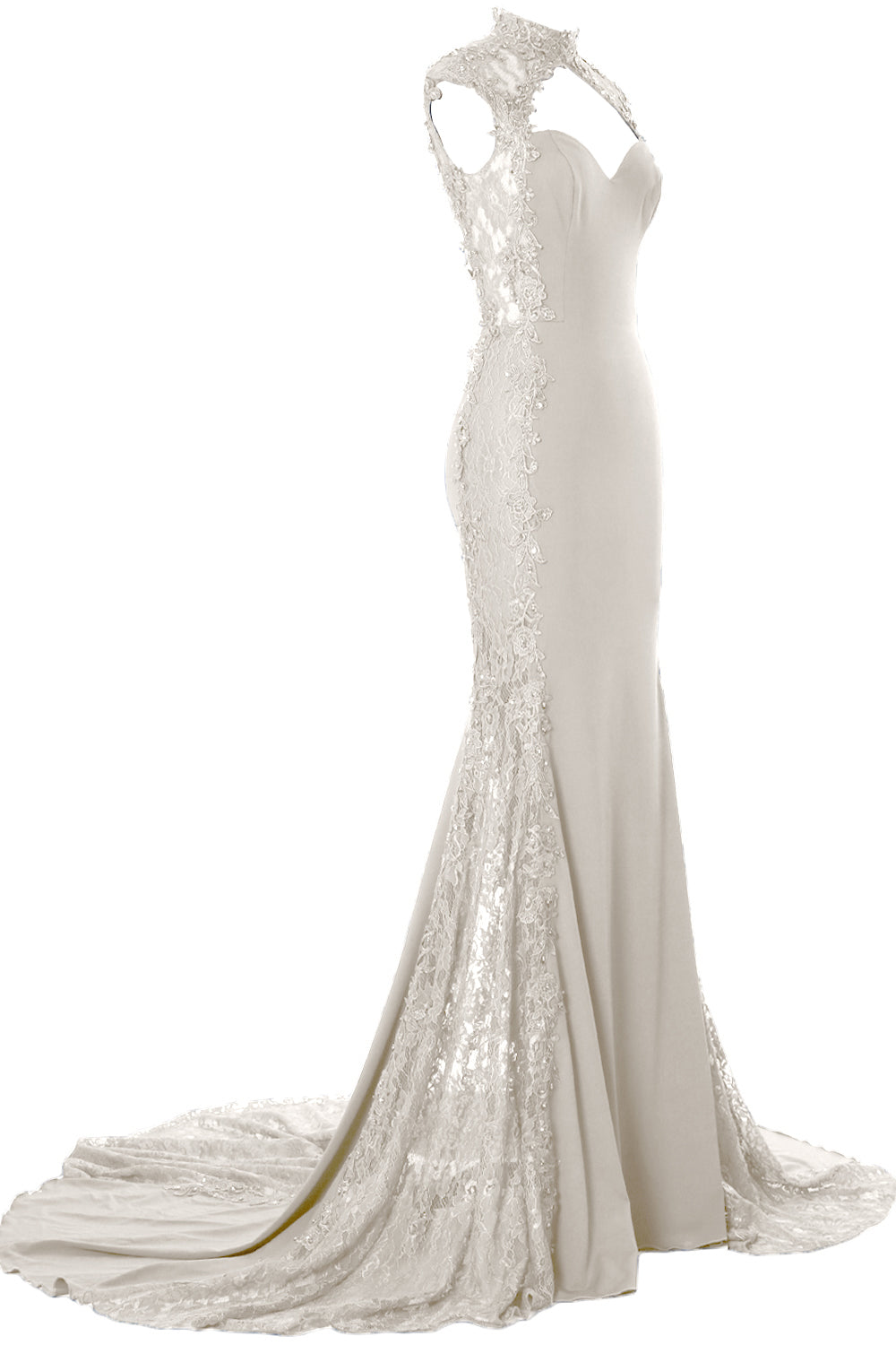 MACloth Women Prom Dresses Mermaid High Neck Sleeveless Lace Formal Evening Gown